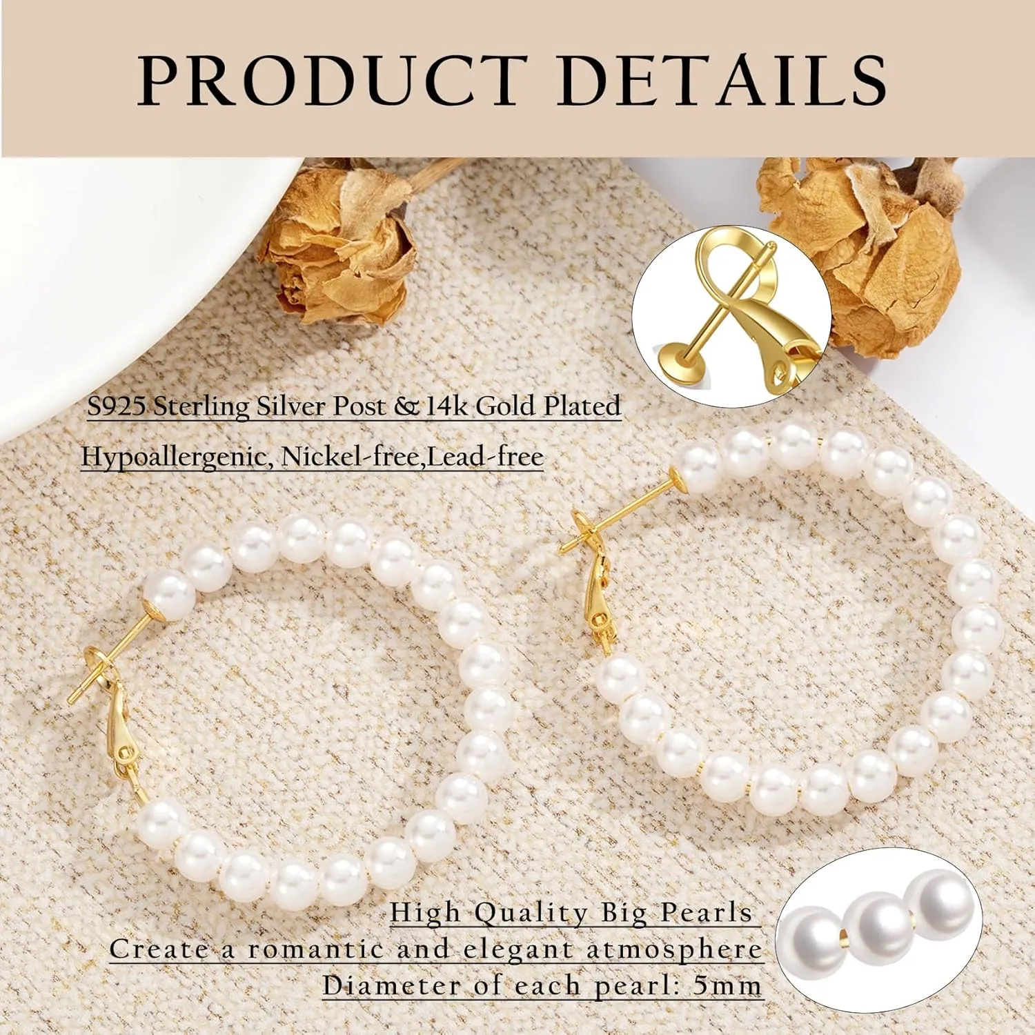 5MM Thick Pearl Hoop Earrings for Women, Lightweight Pearl Earrings with 925 Sterling Silver Post, Hypoallergenic Pearl Hoop Earrings 20/30/55MM