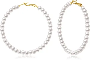 5MM Thick Pearl Hoop Earrings for Women, Lightweight Pearl Earrings with 925 Sterling Silver Post, Hypoallergenic Pearl Hoop Earrings 20/30/55MM