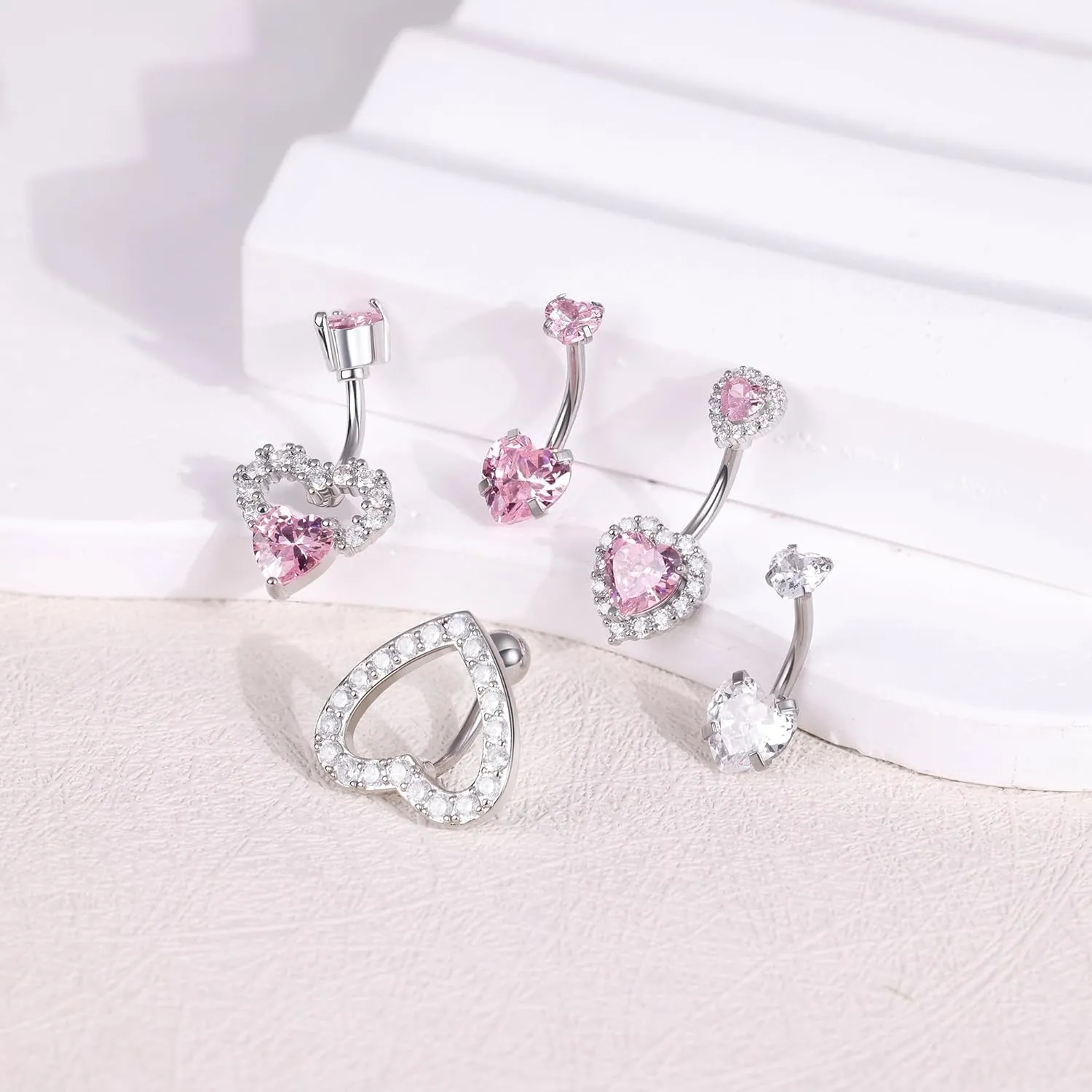 5Pcs 14G Surgical Steel Pink Heart Belly Button Rings for Women Girls Cute Belly Rings CZ Navel Ring Heart Belly Piercing Jewelry