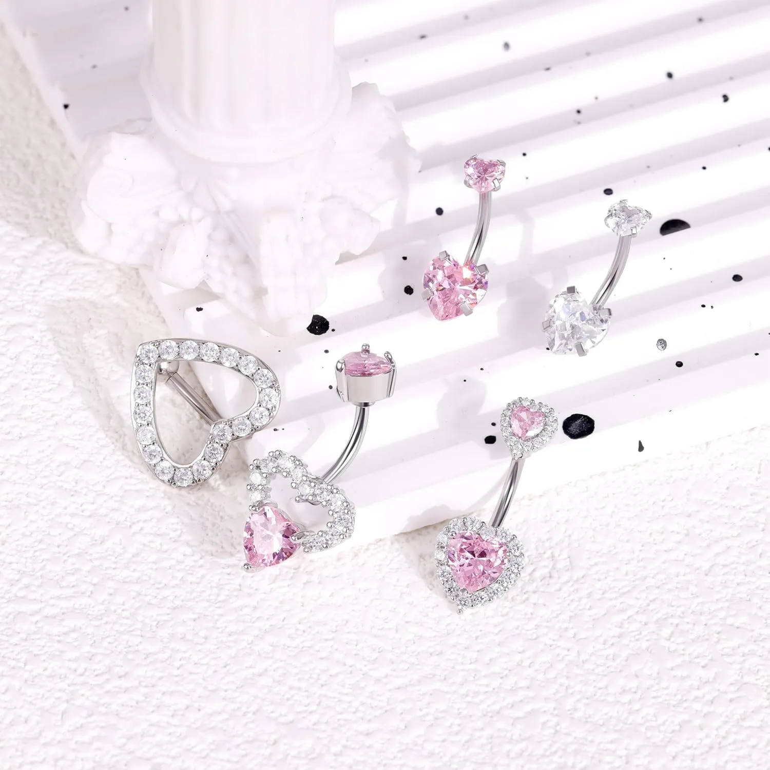 5Pcs 14G Surgical Steel Pink Heart Belly Button Rings for Women Girls Cute Belly Rings CZ Navel Ring Heart Belly Piercing Jewelry