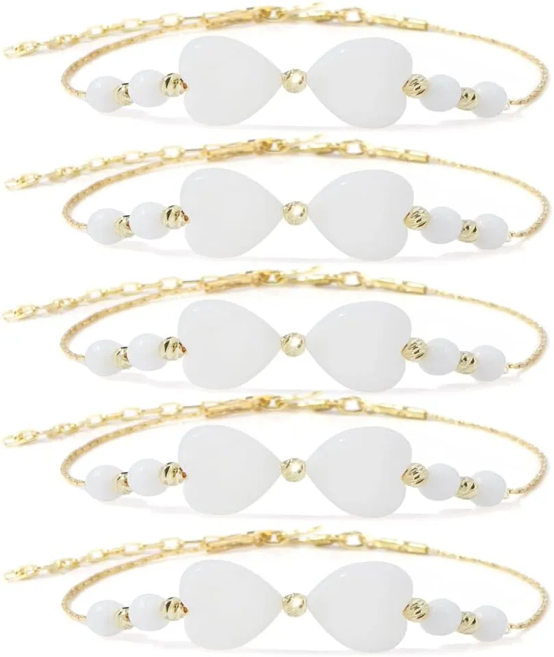 5PCS Dainty Heart Crystal Adjustable Stackable Bracelet Set for Women, Handmade Cute Gold Plated Charm Link Statement Minimalism Jewelry Birthday Gift Mom Friendship