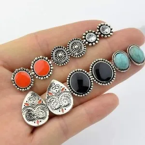 6 Pairs Boho Turquoise Earring Set Vintage Colorful Stud Halloween Earring Jewelry for Women and Girls