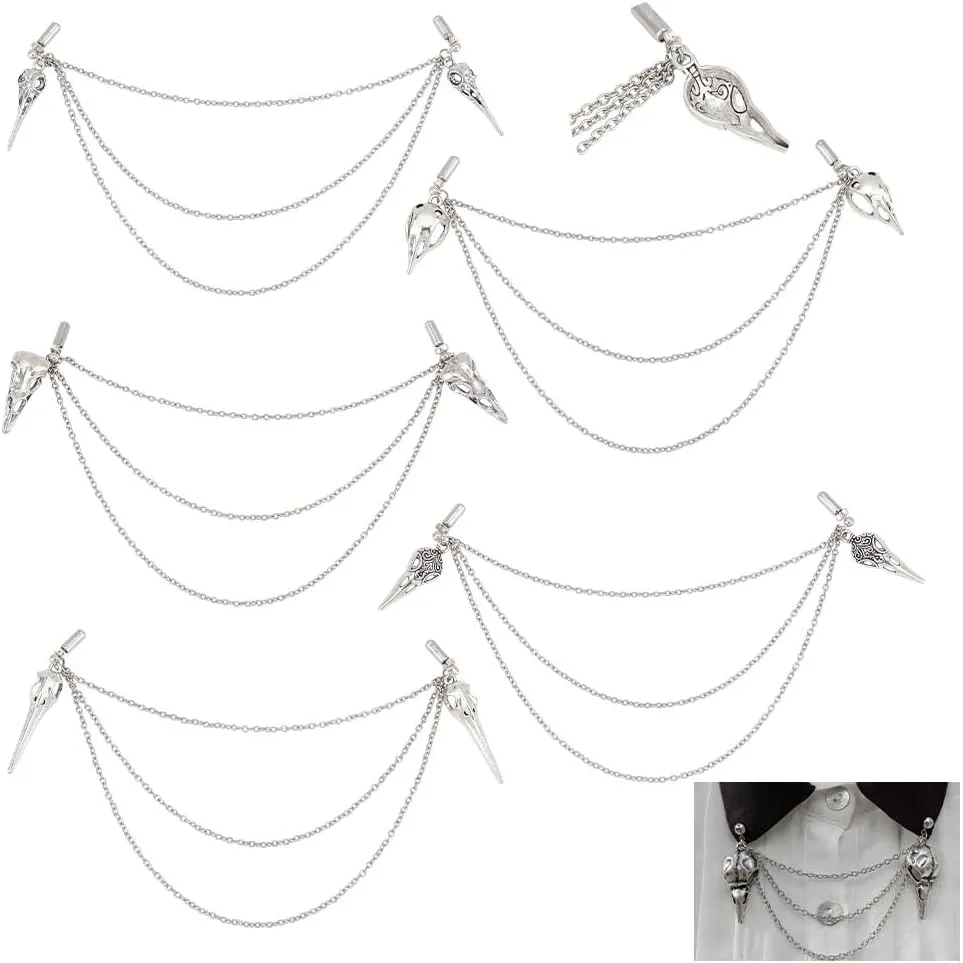 6 Pcs 6 Styles Beak Mask Collar Pins, Alloy Punk Skull Pins Charm Hanging Chains Halloween Collar Pins Tie Clip for Shawl Sweater Collar Cardigan, Antique Silver