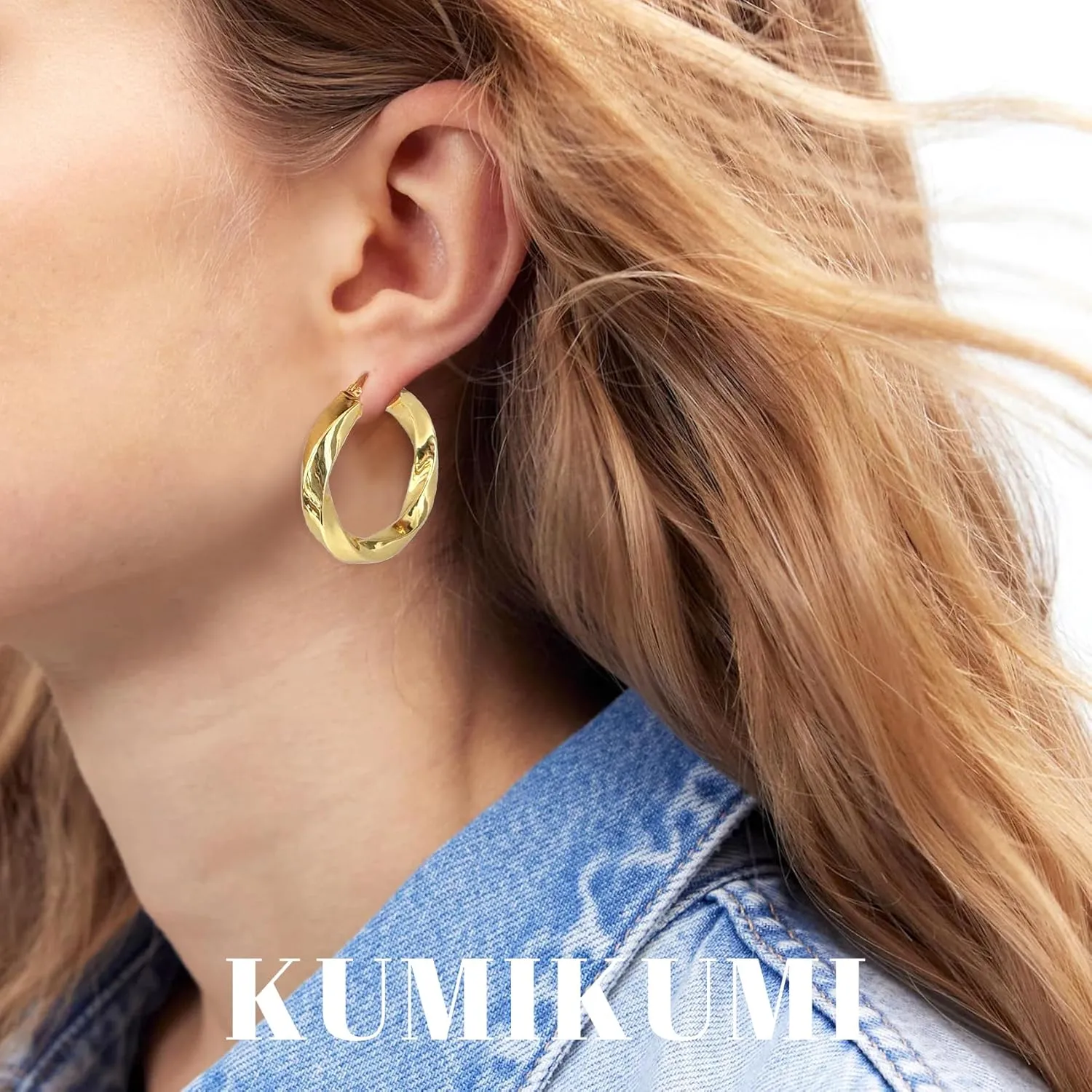 7mm Thick Chunky Gold Hoops, Hypoallergenic Hollow Twisted 14k Gold Hoop Earrings for Women Lightweight Large Hoop Earring for Women Gifts (30/40/50MM)