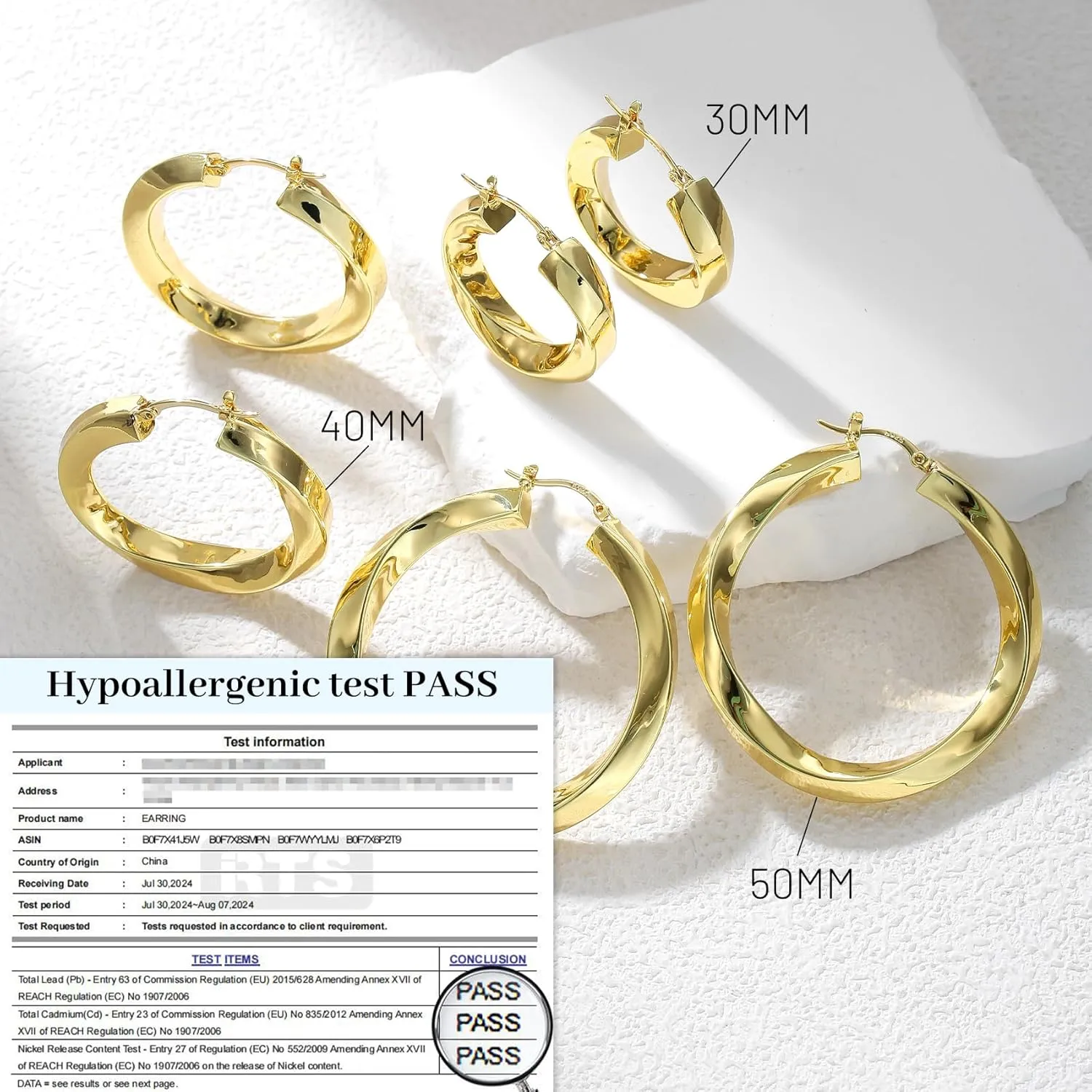 7mm Thick Chunky Gold Hoops, Hypoallergenic Hollow Twisted 14k Gold Hoop Earrings for Women Lightweight Large Hoop Earring for Women Gifts (30/40/50MM)