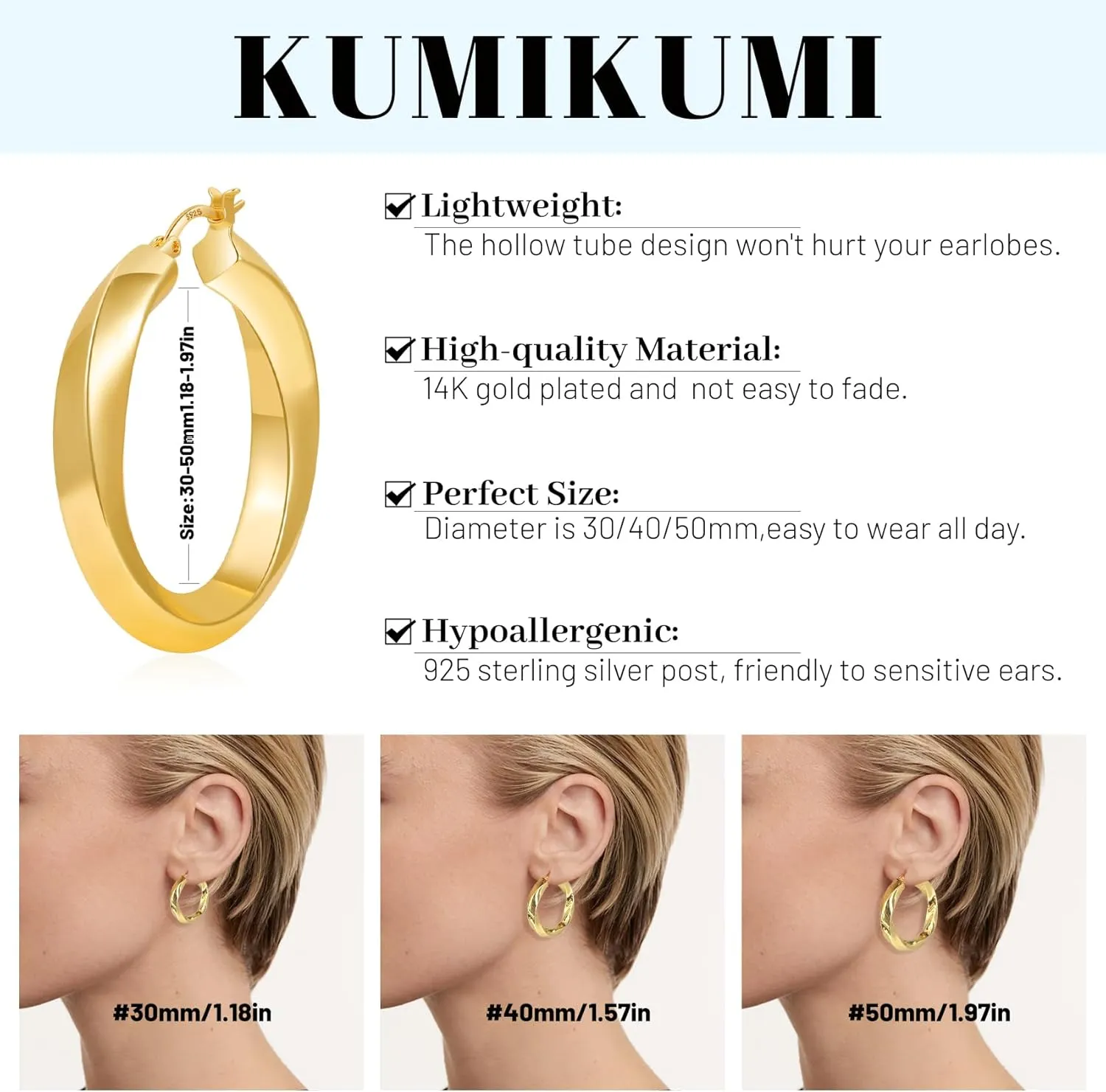 7mm Thick Chunky Gold Hoops, Hypoallergenic Hollow Twisted 14k Gold Hoop Earrings for Women Lightweight Large Hoop Earring for Women Gifts (30/40/50MM)