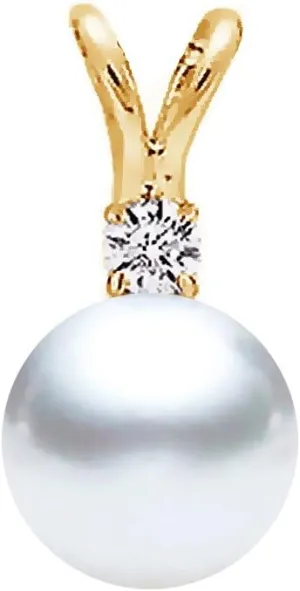 7mm White South Sea Cultured Pearl Pendant for Women AA  Quality 14K Yellow Gold with Diamond
