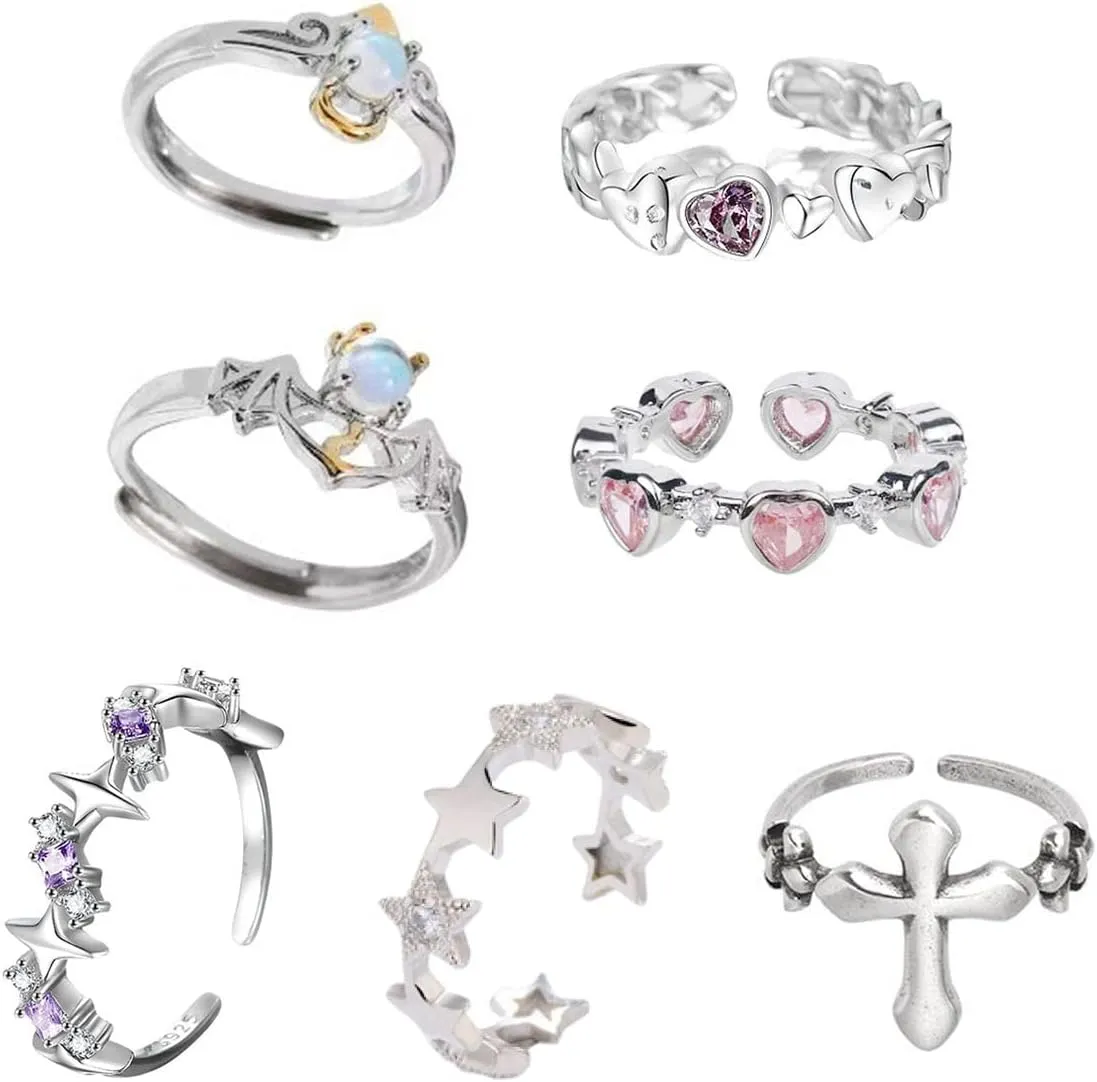 7PCS Y2k Rings Set for Women Cute Star Ring Y2K Heart Jewelry Cross Ring Y2K Fashion Aesthetic Accessories Grunge.