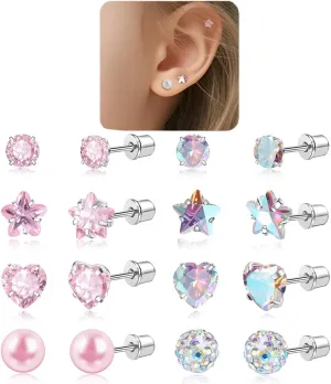 8 Pairs Screw Back Earrings for Girls - Toddler Earrings in Surgical Steel, Hypoallergenic with Heart, Pearl, Star & Cubic Zirconia Flat Back Studs