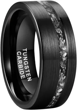 8mm Silver/Black Hammered Tungsten Rings for Men Women Genuine Meteorite Chip Inlay Fashion Jewelry Engagement Wedding Promise Band Matte Brushed Finish Comfort Fit
