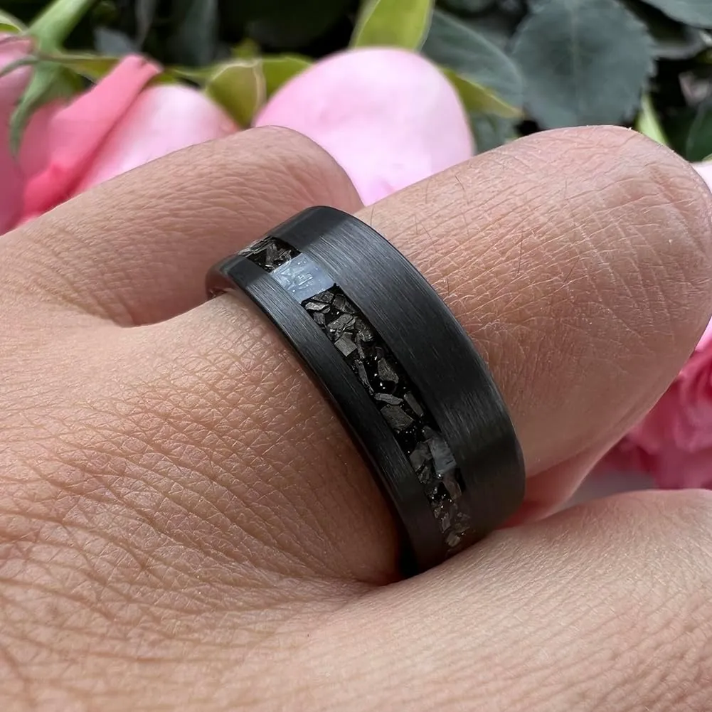 8mm Silver/Black Hammered Tungsten Rings for Men Women Genuine Meteorite Chip Inlay Fashion Jewelry Engagement Wedding Promise Band Matte Brushed Finish Comfort Fit