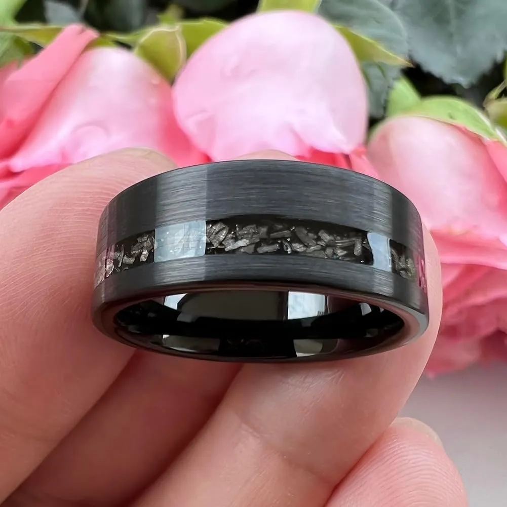8mm Silver/Black Hammered Tungsten Rings for Men Women Genuine Meteorite Chip Inlay Fashion Jewelry Engagement Wedding Promise Band Matte Brushed Finish Comfort Fit
