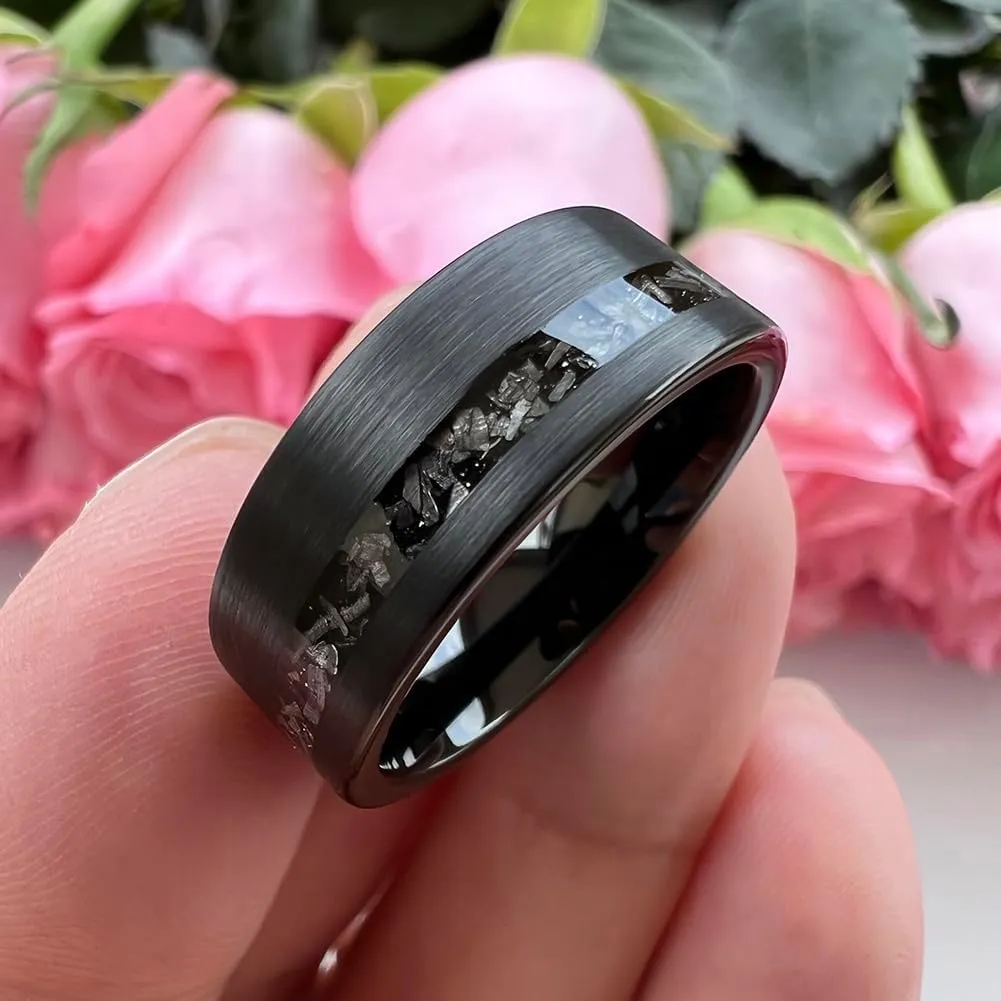 8mm Silver/Black Hammered Tungsten Rings for Men Women Genuine Meteorite Chip Inlay Fashion Jewelry Engagement Wedding Promise Band Matte Brushed Finish Comfort Fit