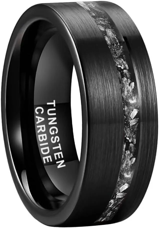 8mm Silver/Black Hammered Tungsten Rings for Men Women Genuine Meteorite Chip Inlay Fashion Jewelry Engagement Wedding Promise Band Matte Brushed Finish Comfort Fit