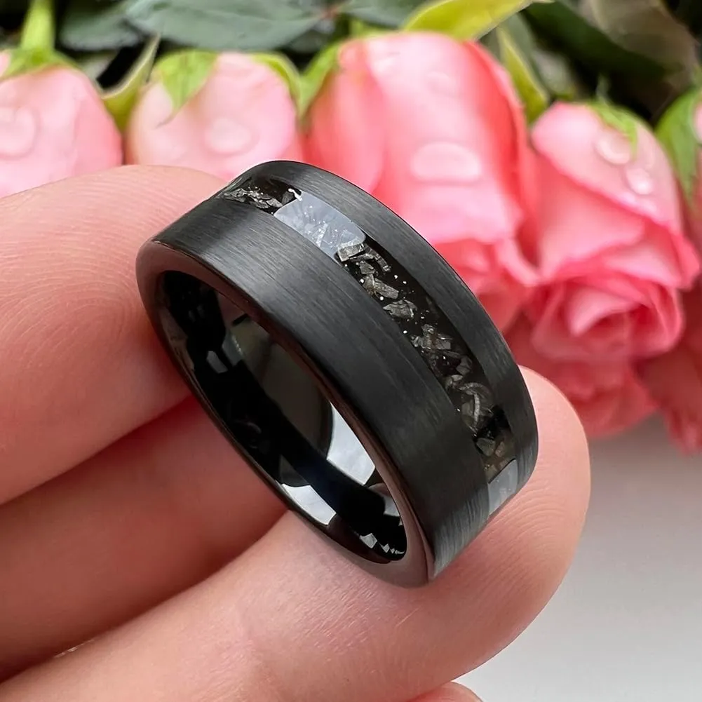 8mm Silver/Black Hammered Tungsten Rings for Men Women Genuine Meteorite Chip Inlay Fashion Jewelry Engagement Wedding Promise Band Matte Brushed Finish Comfort Fit