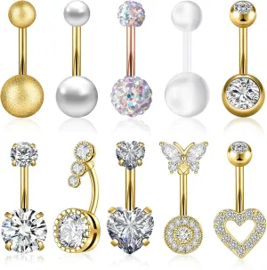 8PCS/10PCS Belly Button Rings 14G 1.6MM Stainless Steel Curved Body Piercing Barbell Rings Belly Rings Navel Piercings Pack for Women Silver Gold