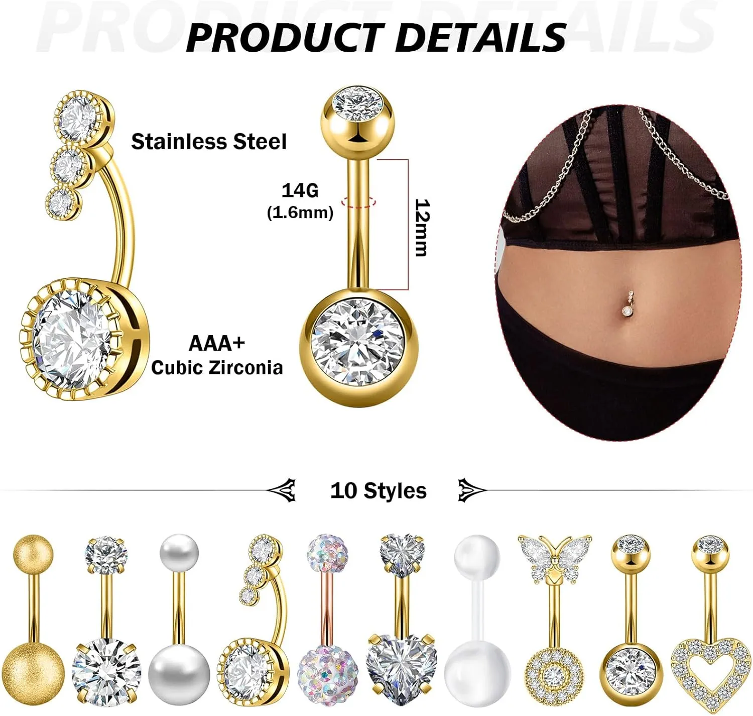 8PCS/10PCS Belly Button Rings 14G 1.6MM Stainless Steel Curved Body Piercing Barbell Rings Belly Rings Navel Piercings Pack for Women Silver Gold