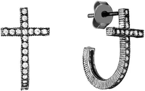 925 Sterling Silver Black Rhodium Plated CZ Simulated Diamond Religious Faith Cross Earrings Stud Earring for Women