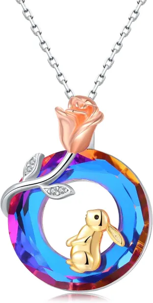 925-Sterling-Silver Bunny Necklace for Women - Circle Crystal Necklaces Cute Animal Pendant Rose Flower Jewelry Valentine's Day Birthday Gifts for Girls