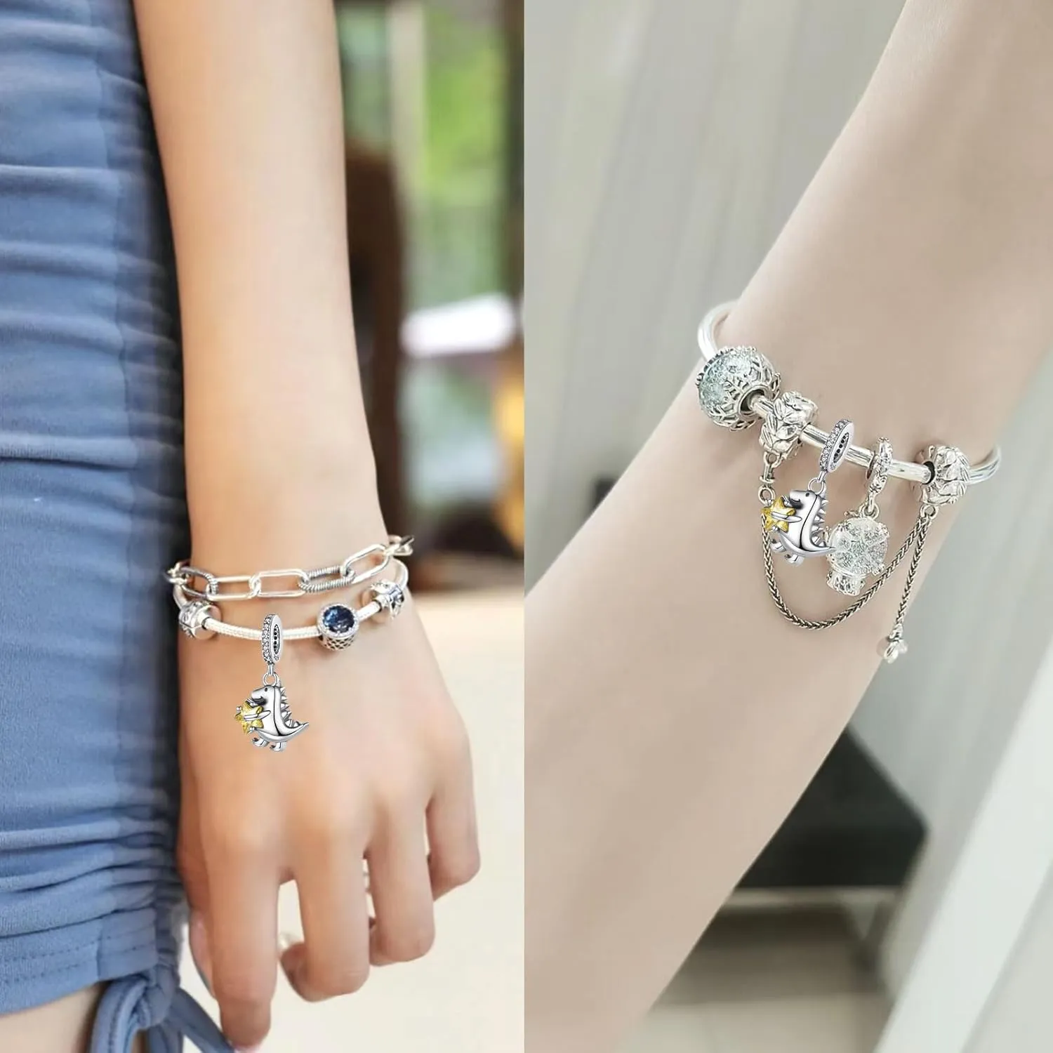 925 Sterling Silver Charms Bracelet Necklace Penguin Butterfly Dinosaur Turtle Dog Fireflies Pendant Beads Angel Wings & Heart Charm Jewellery Gift for Women Girls at Christmas,Birthday