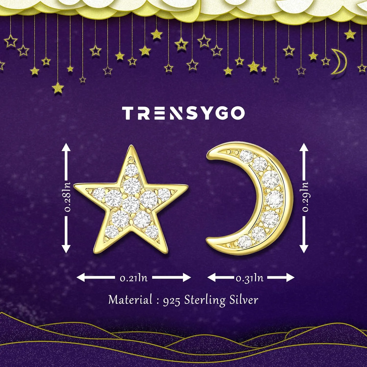 925 Sterling Silver Cubic Zirconia Cz Star Moon Cross Triangle Heart Lightning Bolt Stud Earrings for Women Jewelry Gifts