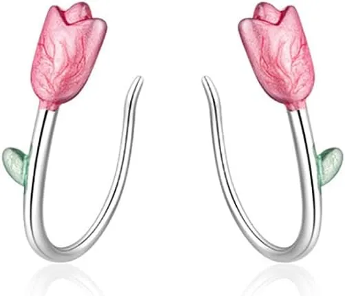 925 Sterling Silver Flower Cuff Earrings Wraps for Women Teens Flower Crawler Cuff Earrings Tulip Hypoallergenic