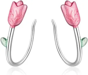 925 Sterling Silver Flower Cuff Earrings Wraps for Women Teens Flower Crawler Cuff Earrings Tulip Hypoallergenic