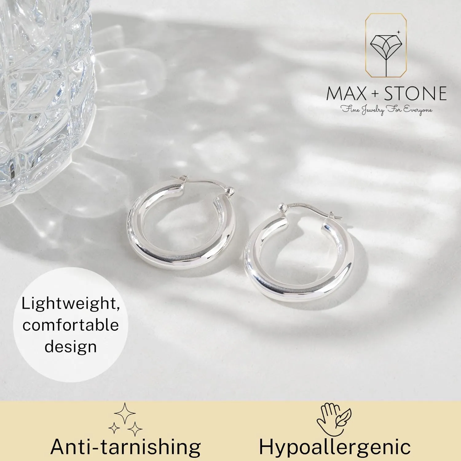 925 Sterling Silver Polished Chunky Hoop Earrings for Women | Hypoallergenic Round Sterling Silver Hoop Earrings | Lightweight Thick Silver Earrings Hoops 1, 1.5 & 2 Inches by MAX   STONE