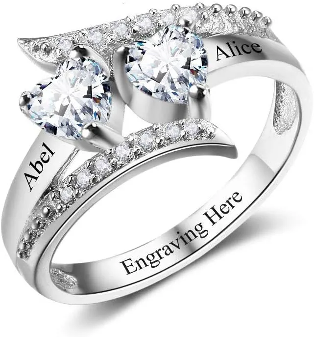 925 Sterling Silver Promise Rings for Her Personalized Mothers Rings with 2 Simulated Birthstones Womens Meaningful Engagement Wedding Names Jewelry