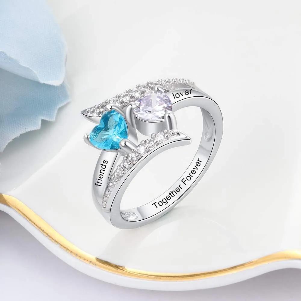 925 Sterling Silver Promise Rings for Her Personalized Mothers Rings with 2 Simulated Birthstones Womens Meaningful Engagement Wedding Names Jewelry