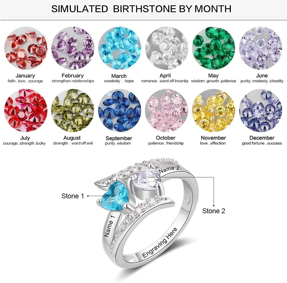 925 Sterling Silver Promise Rings for Her Personalized Mothers Rings with 2 Simulated Birthstones Womens Meaningful Engagement Wedding Names Jewelry