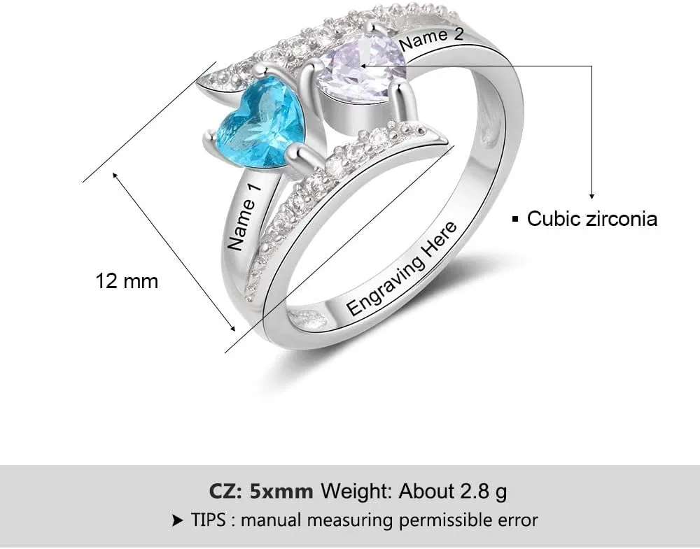 925 Sterling Silver Promise Rings for Her Personalized Mothers Rings with 2 Simulated Birthstones Womens Meaningful Engagement Wedding Names Jewelry