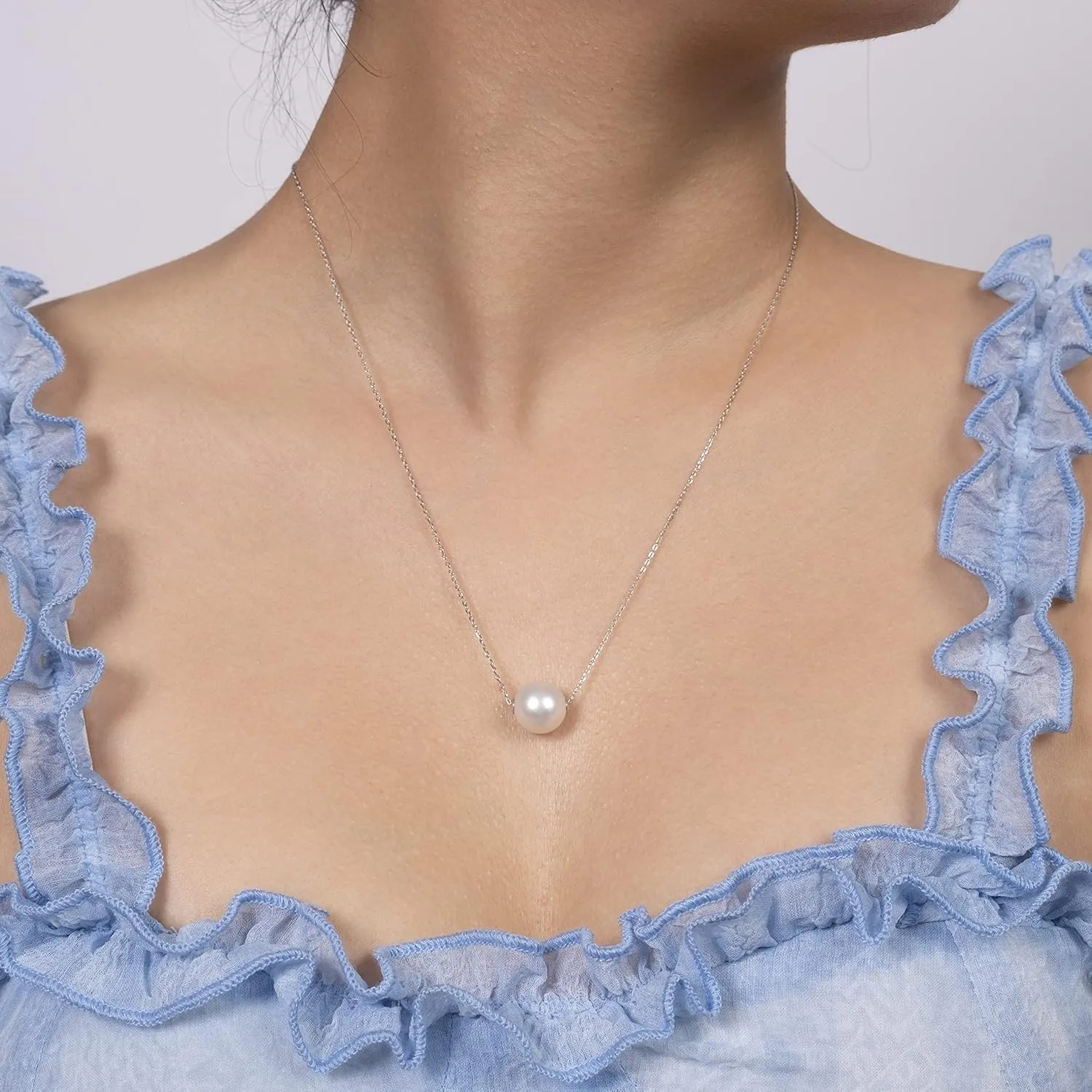925 Sterling Silver Single AAAAA Quality Round Fresh Water Cultured White Pearl Necklace for Women