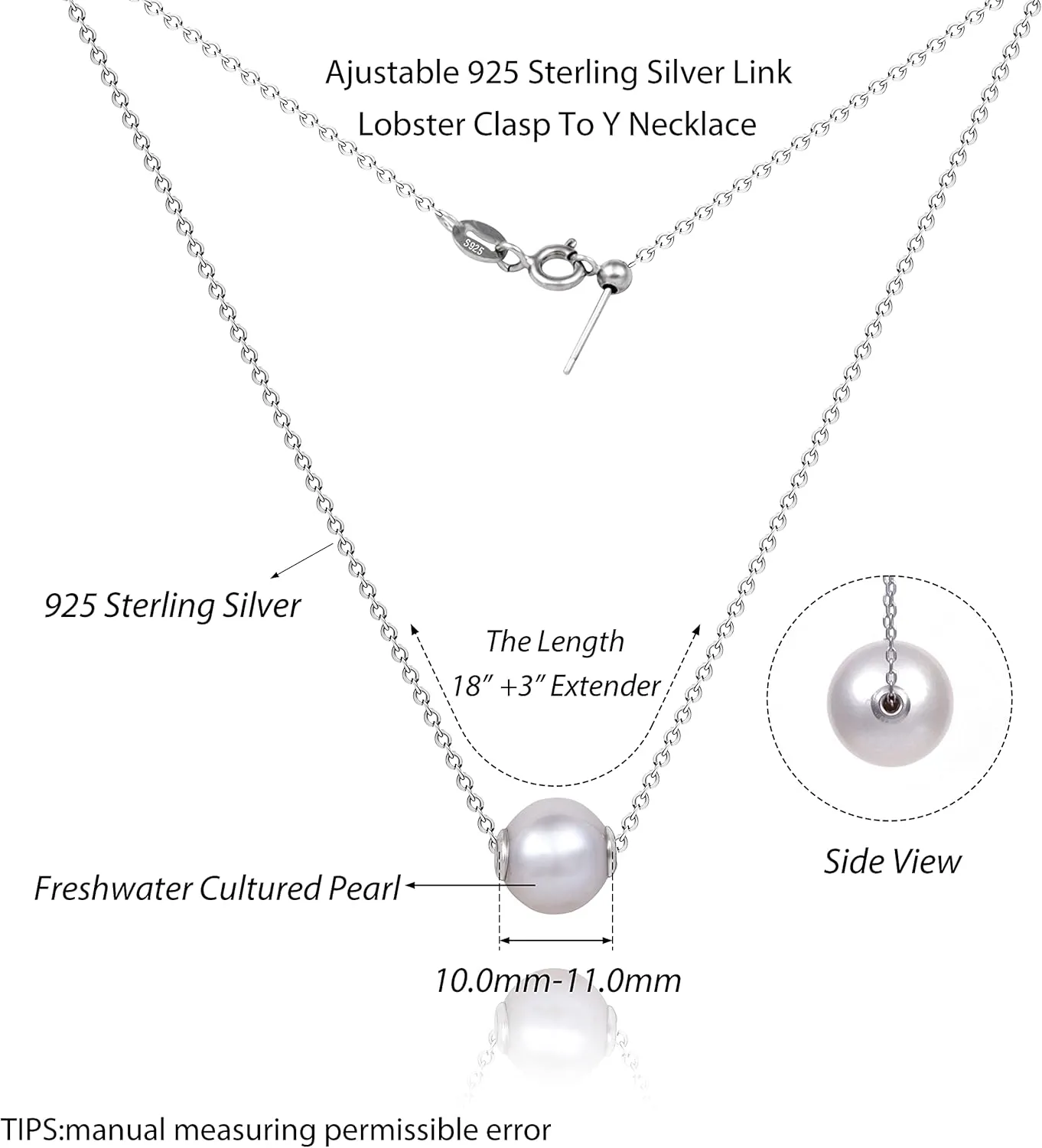 925 Sterling Silver Single AAAAA Quality Round Fresh Water Cultured White Pearl Necklace for Women
