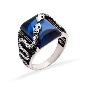 925 Sterling Silver Snake Ring, Sapphire Ring for Mens, Silver Snake Ring, Handmade Ottoman Turkish Silver Ring for Men, Gemstone Mens Rings - Unique Mens Jewelry Gift (Sapphire, 11.5)