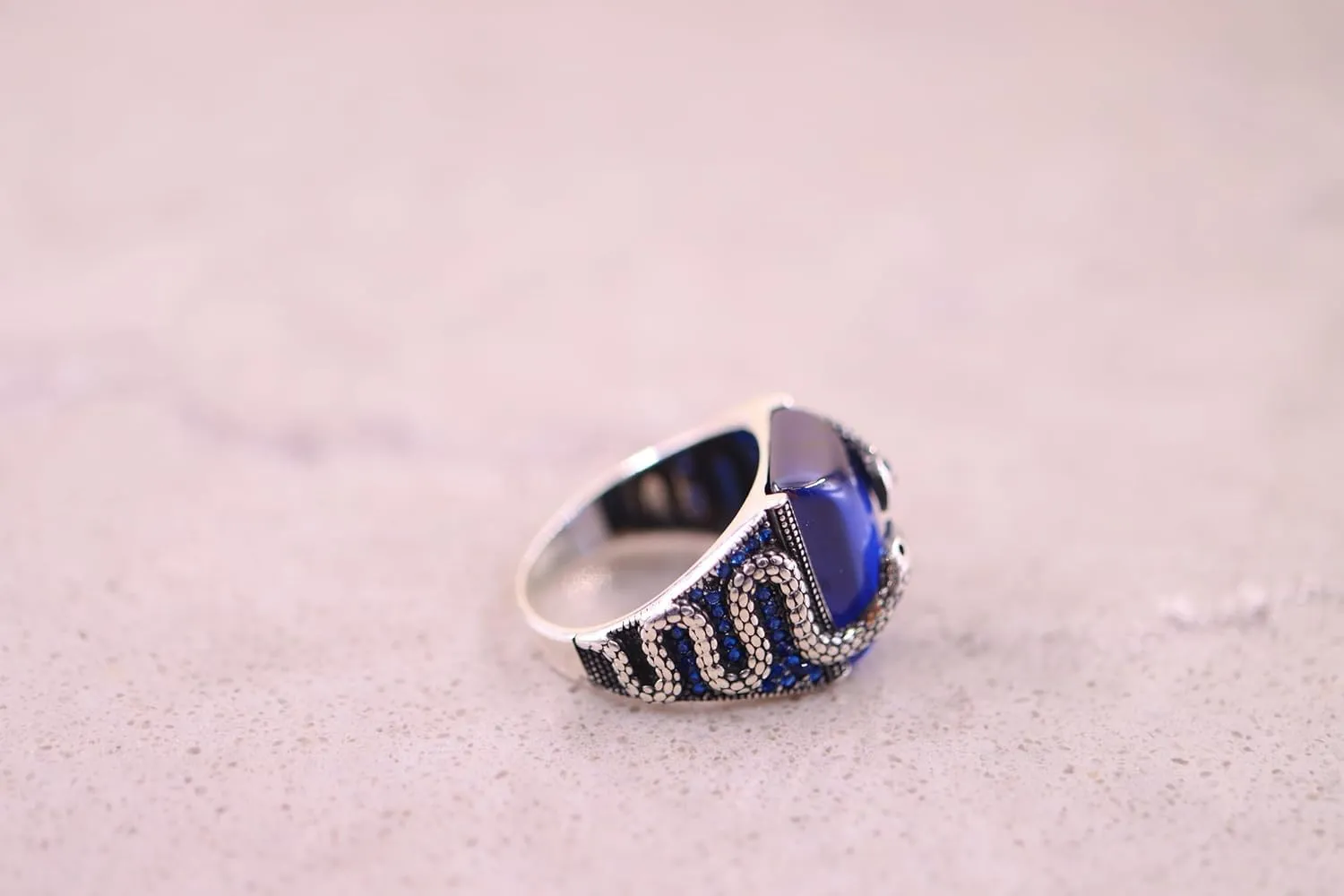 925 Sterling Silver Snake Ring, Sapphire Ring for Mens, Silver Snake Ring, Handmade Ottoman Turkish Silver Ring for Men, Gemstone Mens Rings - Unique Mens Jewelry Gift (Sapphire, 11.5)