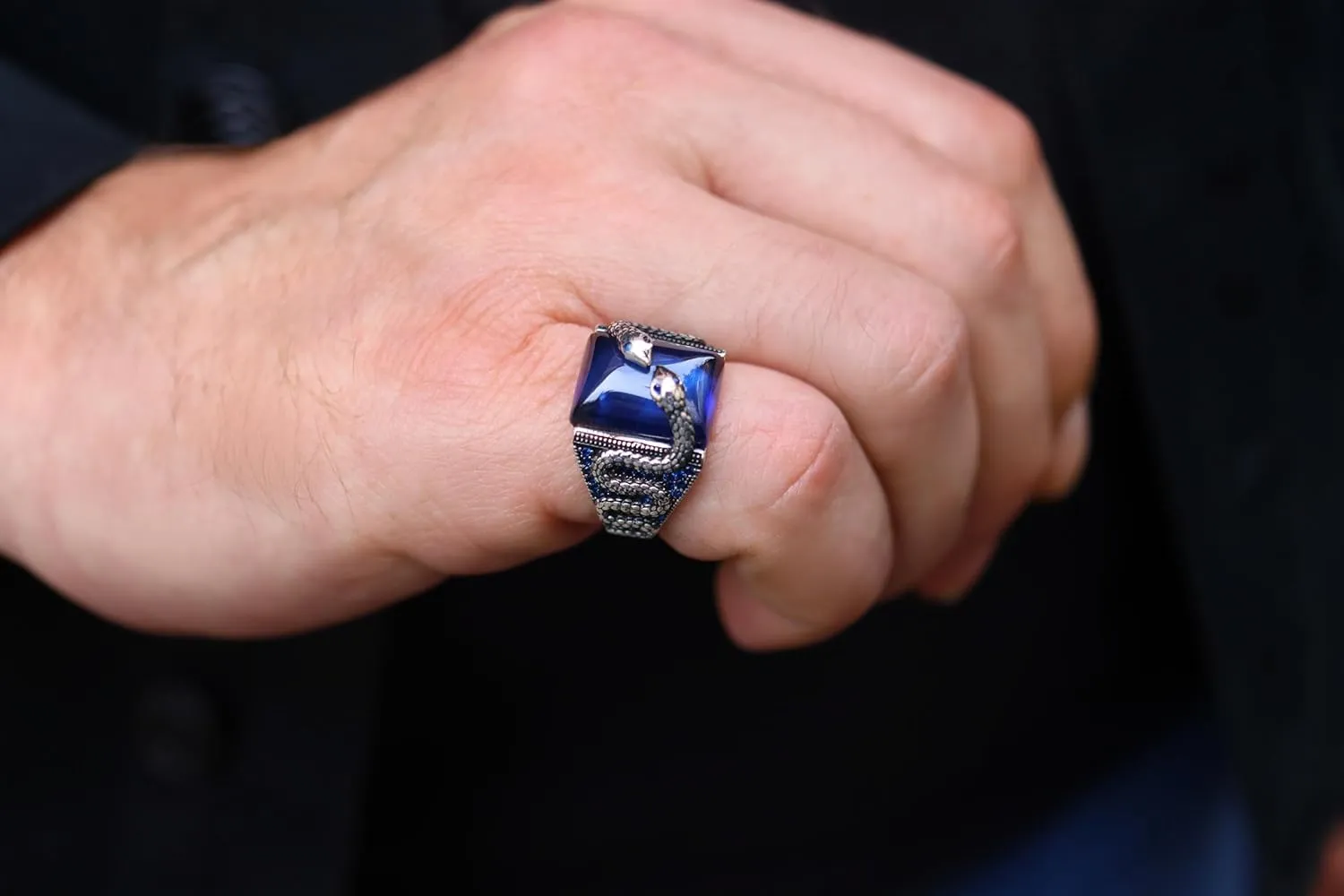 925 Sterling Silver Snake Ring, Sapphire Ring for Mens, Silver Snake Ring, Handmade Ottoman Turkish Silver Ring for Men, Gemstone Mens Rings - Unique Mens Jewelry Gift (Sapphire, 11.5)
