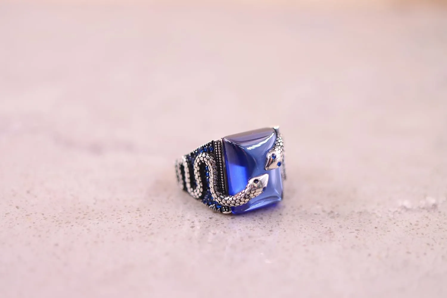 925 Sterling Silver Snake Ring, Sapphire Ring for Mens, Silver Snake Ring, Handmade Ottoman Turkish Silver Ring for Men, Gemstone Mens Rings - Unique Mens Jewelry Gift (Sapphire, 11.5)