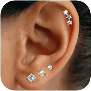 925 Sterling Silver Stud Earrings for Women Trendy Hypoallergenic Post Cartilage Tragus Earring Set for Multiple Piercing Dainty Cute Small Cubic Zirconia Ear Climbers Earrings Stack Jewelry