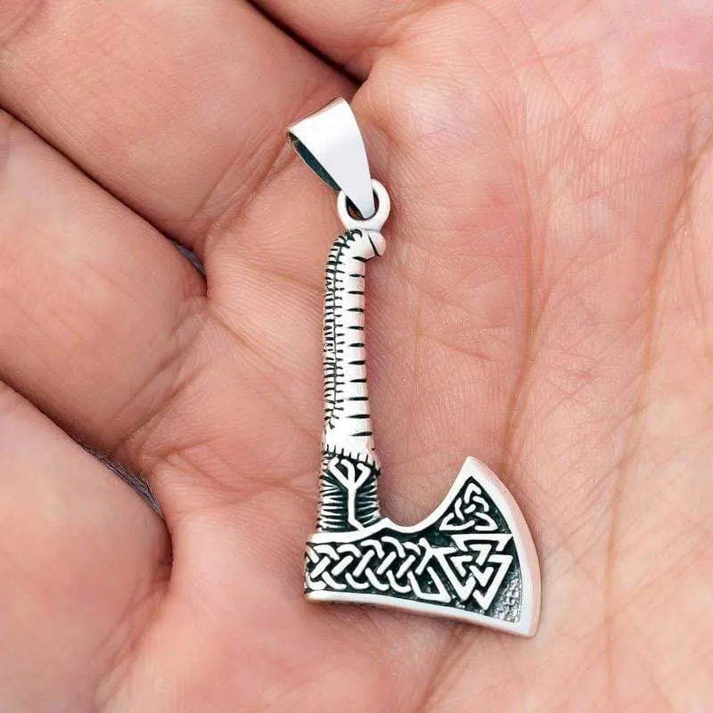 925 Sterling Silver Valknut and Triquetra Axe Pendant