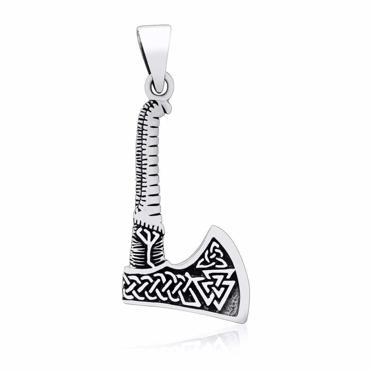 925 Sterling Silver Valknut and Triquetra Axe Pendant