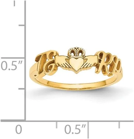 925 Sterling Silver Yellow Gold-Plated Laser Couple's Initials Letters And Heart Irish Claddagh Celtic Ring Band