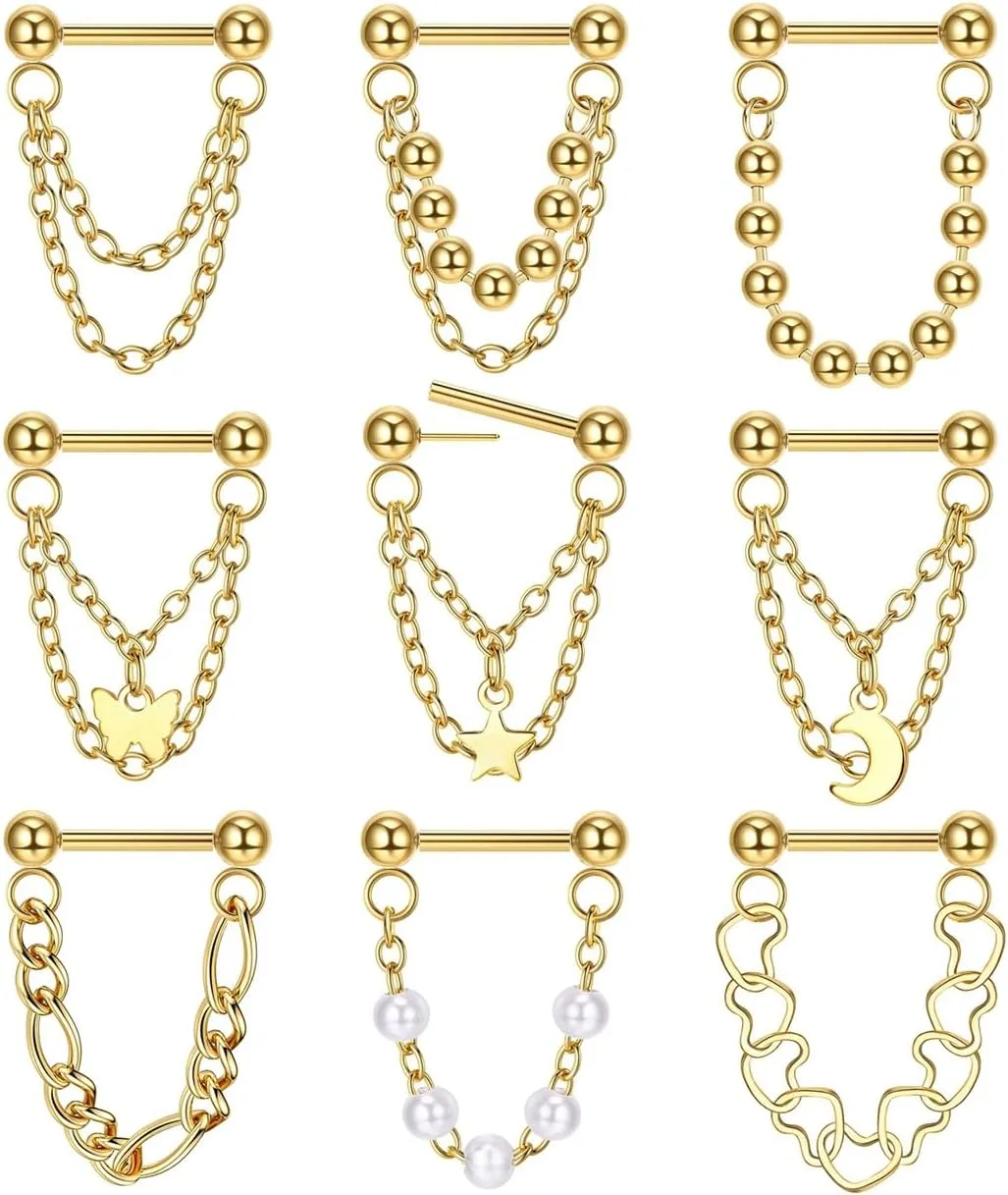 9Pcs 16G Chain Septum Rings Stainless Steel Helix Nose Piercing Threadless Septum Piercing Jewelry for Women Men