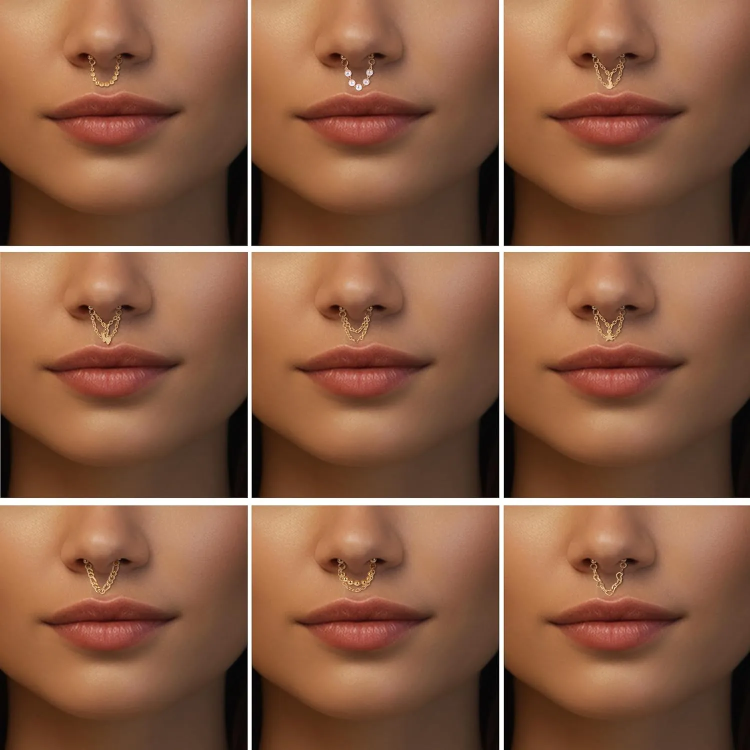 9Pcs 16G Chain Septum Rings Stainless Steel Helix Nose Piercing Threadless Septum Piercing Jewelry for Women Men