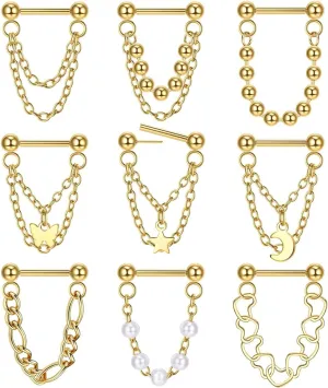 9Pcs 16G Chain Septum Rings Stainless Steel Helix Nose Piercing Threadless Septum Piercing Jewelry for Women Men
