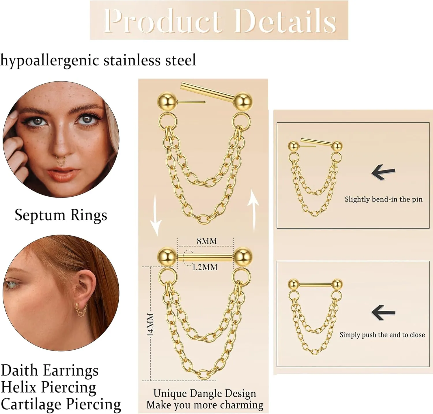 9Pcs 16G Chain Septum Rings Stainless Steel Helix Nose Piercing Threadless Septum Piercing Jewelry for Women Men