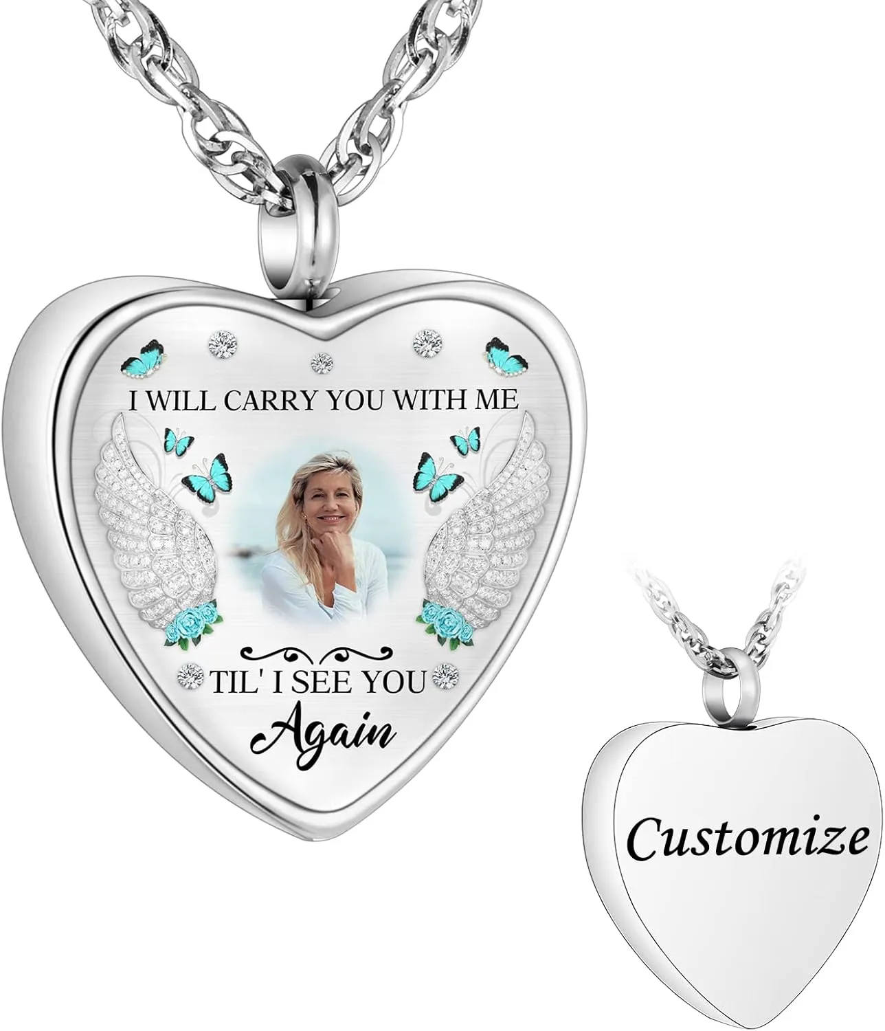 abooxiu Personalized Photo Urn Necklace for Ashes Heart Ashes Necklace Stainless Steel Cremation Necklace for men women Ash Holder - Forever Missed