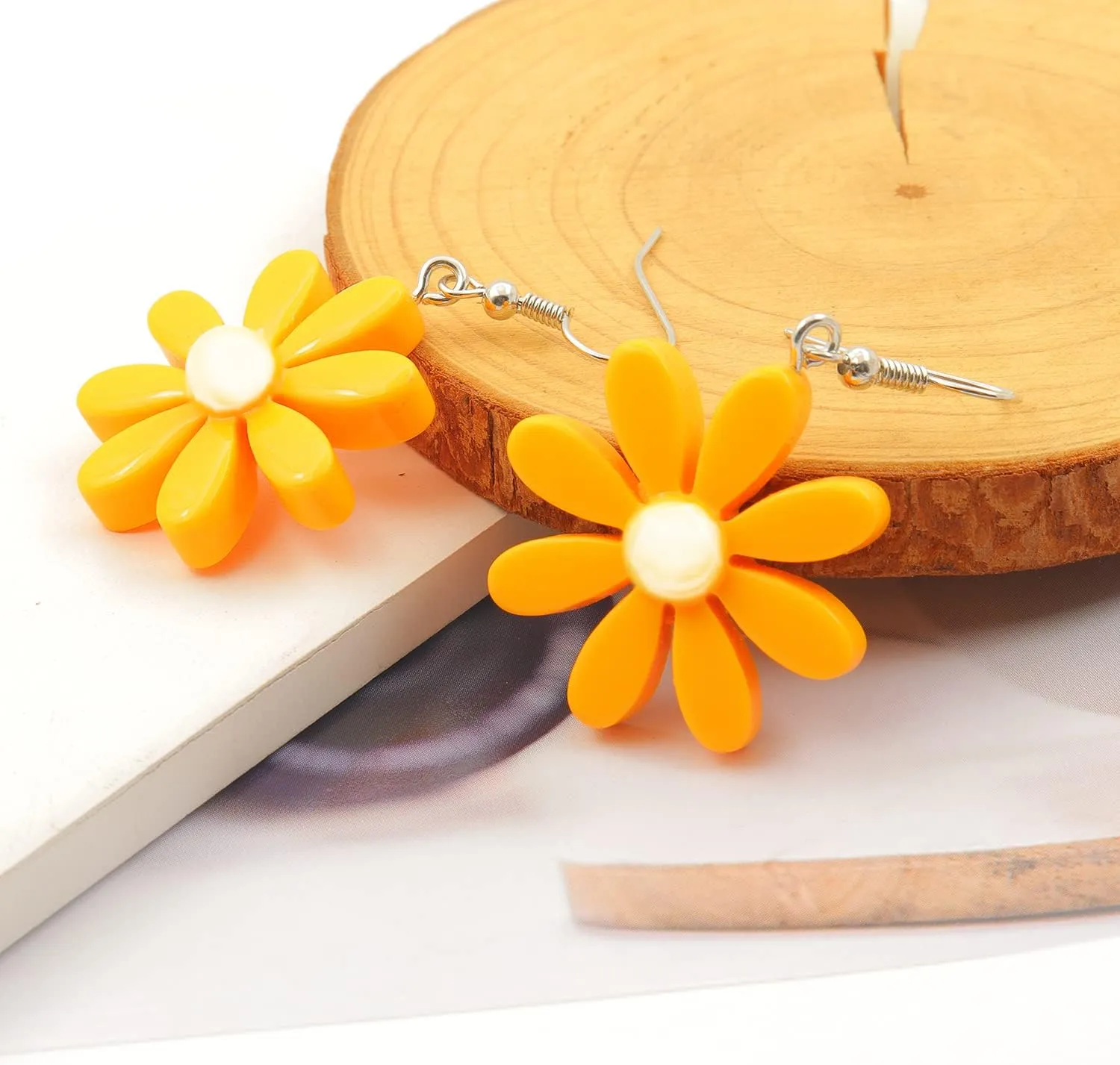 Acrylic Yellow Flower Daisy Dangle Earrings - Wild Lily Petals Hawaii Plant Earrings