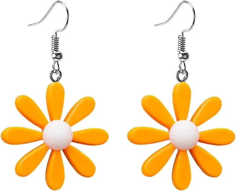 Acrylic Yellow Flower Daisy Dangle Earrings - Wild Lily Petals Hawaii Plant Earrings