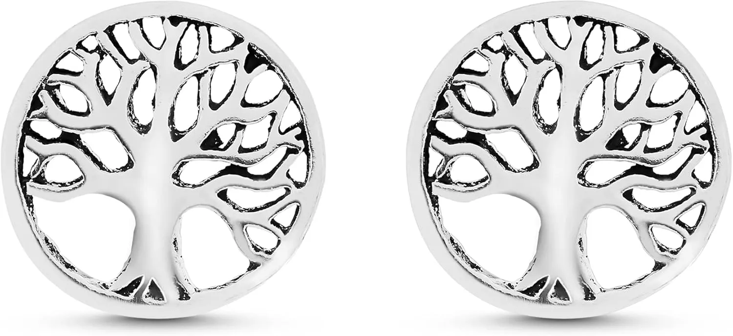 AeraVida Nature Inspired Simple 10mm Tree of Life Round .925 Sterling Silver Stud Earrings | Classic Sterling Silver Stud Earring for women | Vintage Stud Earrings